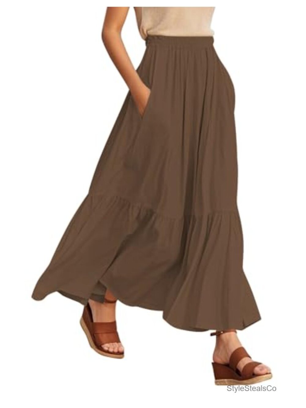 Boho Maxi Skirt Elastic Waist Flowy A-Line with Pockets 100% Viscose